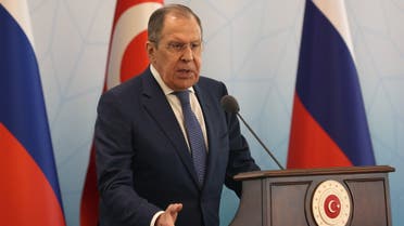 Russian Foreign Minister Sergey Lavrov  attends a news conference after meeting with Turkish Foreign Minister Mevlut Cavusoglu, in Ankara, on June 8, 2022. (AFP)