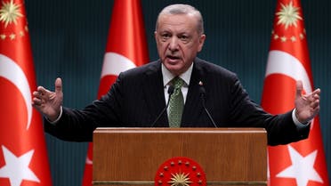 Turkish President Recep Tayyip Erdogan speaks during a press conference following the cabinet meeting at the Presidential Complex in Ankara on June 6, 2022. (AFP)