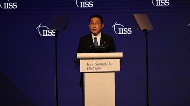 Japan’s Prime Minister Fumio Kishida delivers a keynote address at the Shangri-La Dialogue summit in Singapore on June 10, 2022. (AFP)