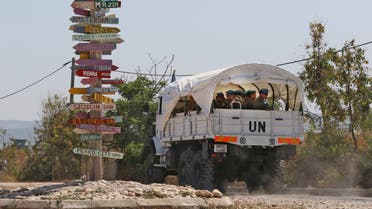 Members of the French contingent of the United Nations Interim Forces in Lebanon (UNIFIL) patrol the area of Naqura, south of the Lebanese city of Tyre, on the border with Israel on June 6, 2022. (AFP)