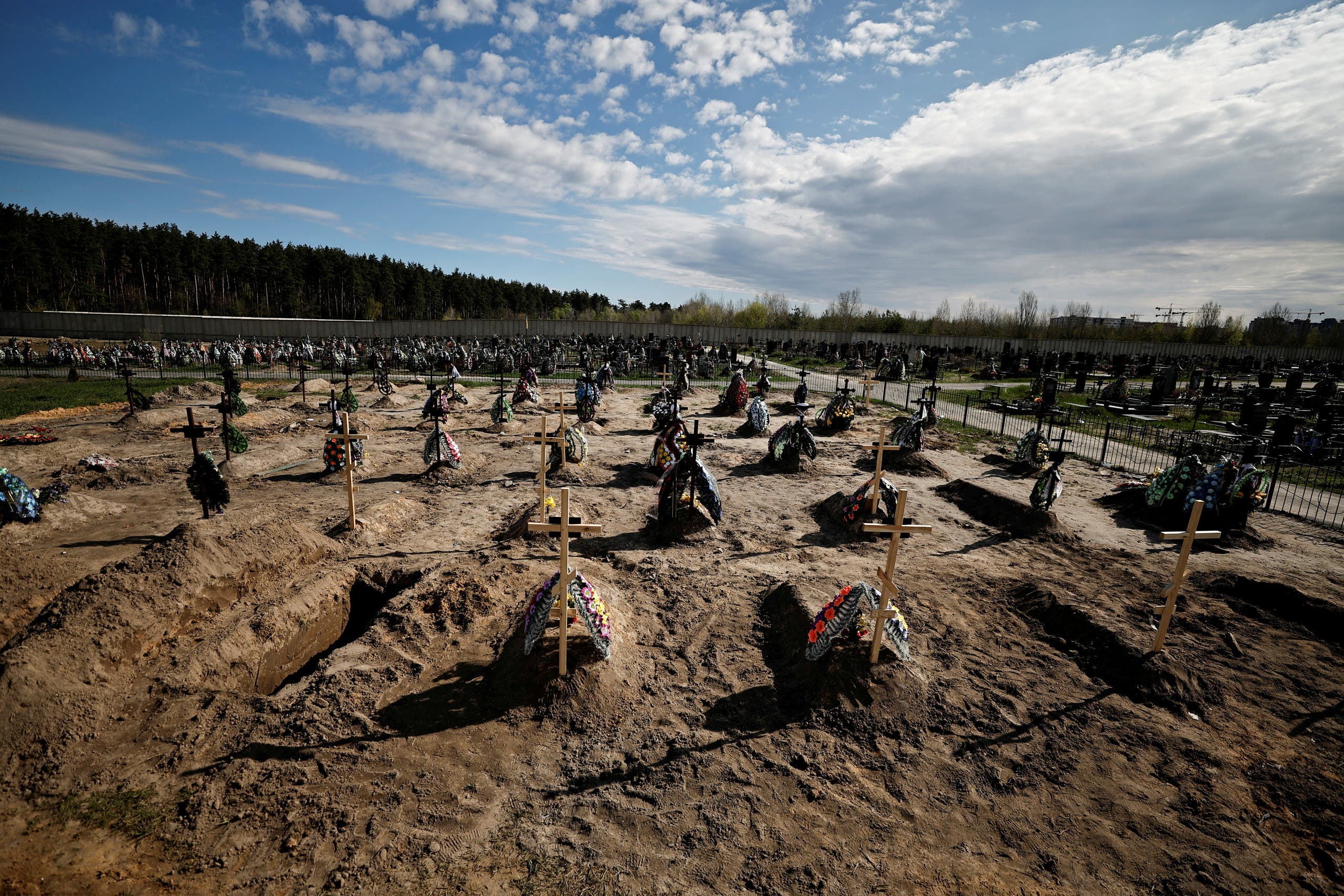 A cemetery erected by Ukrainians last April for the Bucha victims 