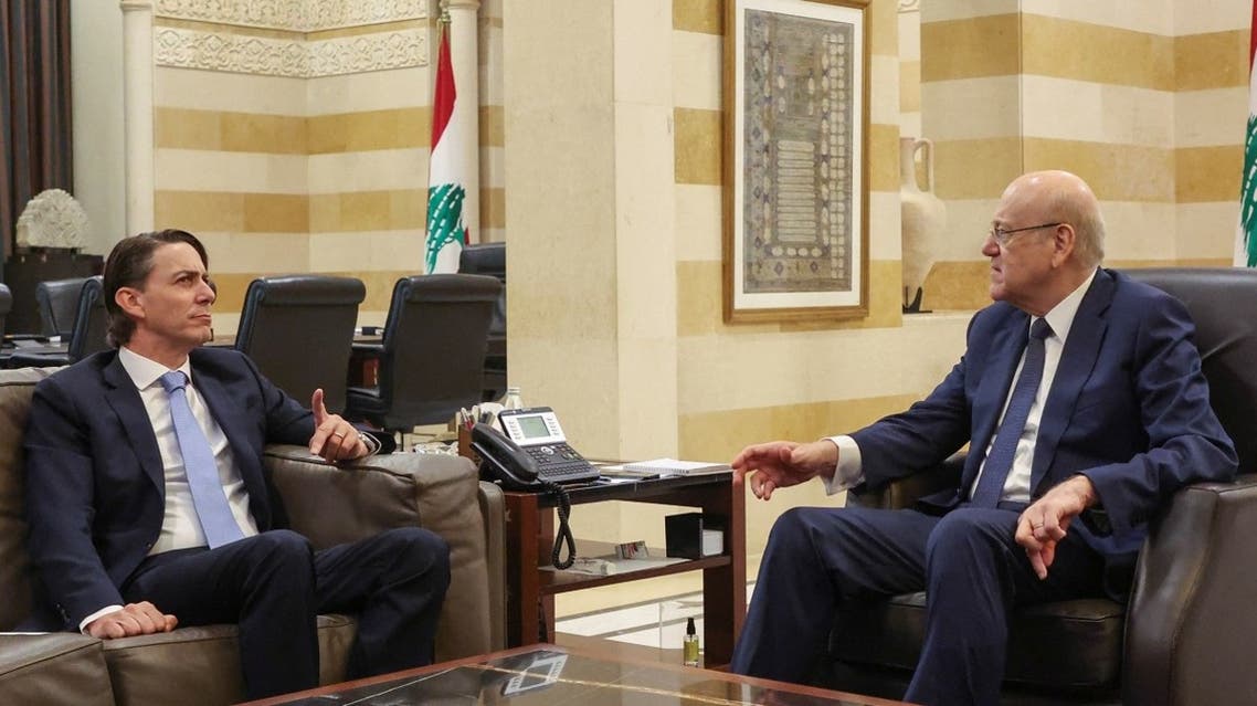 US Senior Advisor for Energy Security Amos Hochstein meets with Lebanon's caretaker PM Najib Mikati, in Beirut, June 14, 2022. (Reuters)