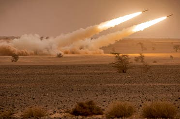 US M142 High Mobility Artillery Rocket System (HIMARS) launchers fire salvoes during the African Lion military exercise in southeastern Morocco, June 9, 2021. (AFP)