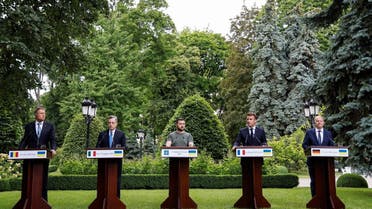 French President Emmanuel Macron, German Chancellor Olaf Scholz, Italian Prime Minister Mario Draghi, Romanian President Klaus Iohannis, and Ukrainian President Volodymyr Zelenskyy attend a joint news conference, as Russia’s attack on Ukraine continues, in Kyiv, Ukraine, on June 16, 2022. (Reuters)