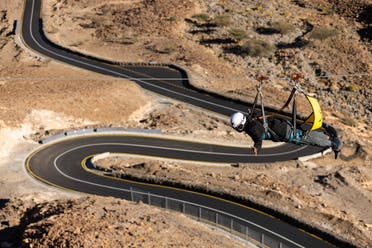 View shows a person ziplining at AlUla, Saudi Arabia. (Supplied)