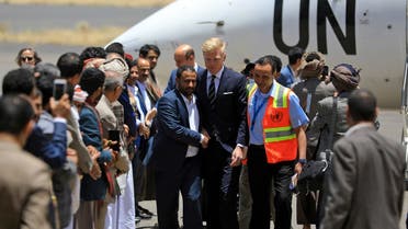 UN special envoy Hans Grundberg (C) at Sanaa Airport in the Yemeni capital on June 8, 2022. (AFP)