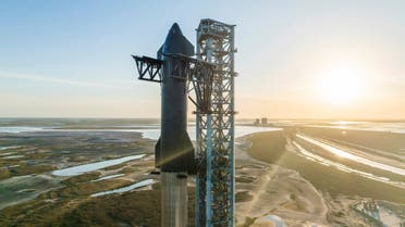 This image provided by SpaceX shows SpaceX's giant Starship rocket standing at its Texas launch pad. Elon Musk's company is looking to attempt the first orbital test flight of the nearly 400-foot-tall Starship sometime this year. (SpaceX via AP)