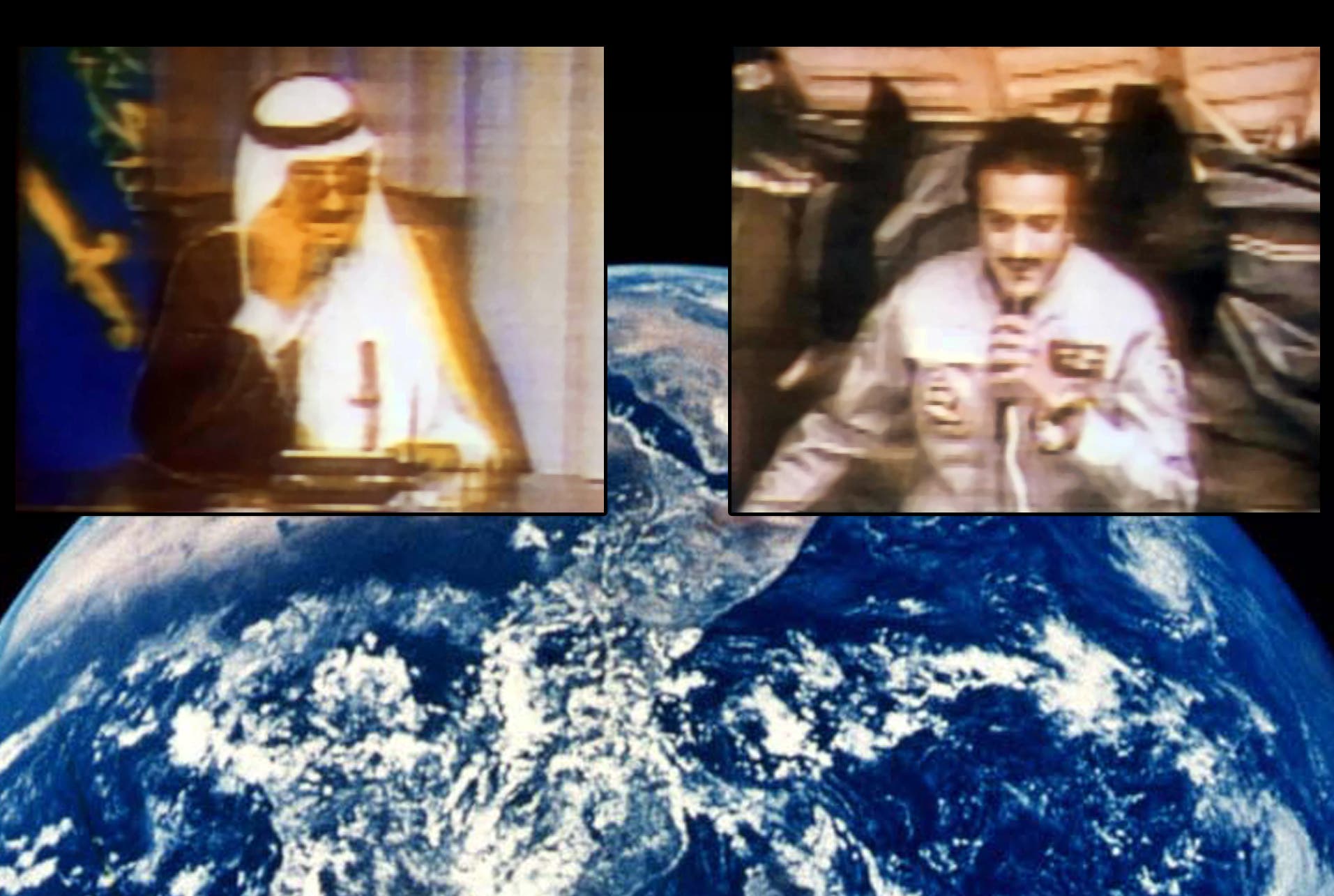 King Fahd (right) speaks with Prince Sultan during his space flight.  (Delivered)