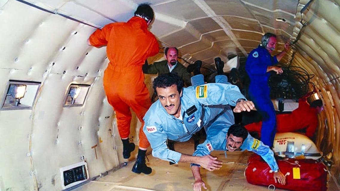 Prince Sultan (center) and his backup astronaut Abdulmohsen al-Bassam (center right) training for zero-gravity. (Supplied)