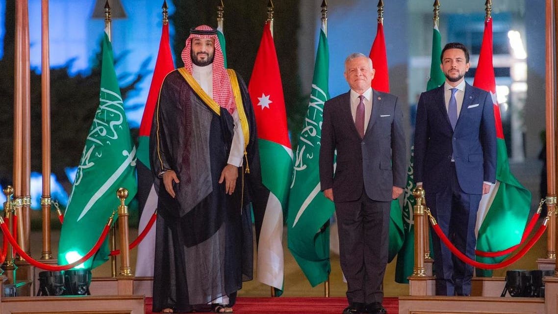Saudi Arabia’s Crown Prince Mohammed bin Salman and Jordan's King Abdullah II in Amman, Jordan, on June 21, 2022. (Twitter/KSAMOFA)