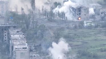 Drone footage shows an artillery strike amid military presence in Toshkivka, Luhansk region, Ukraine in this screengrab taken from a video released on June 19, 2022. (Reuters)