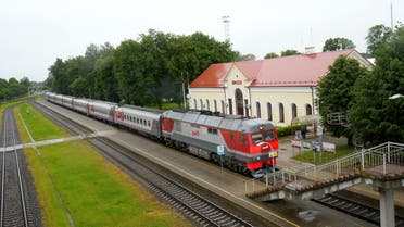 A passenger train from Russian enclave Kaliningrad to Moscow arrives at the border railway station in Kybartai, Lithuania June 21, 2022. (Reuters)