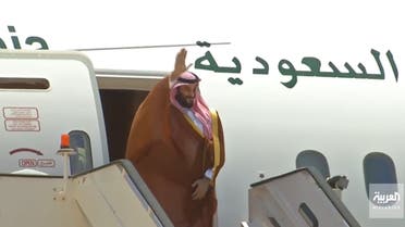 A screengrab from the broadcast showing Saudi Crown Prince Mohammed bin Salman leaving Jordan on his way to Turkey during a regional tour on June 22, 2022. 