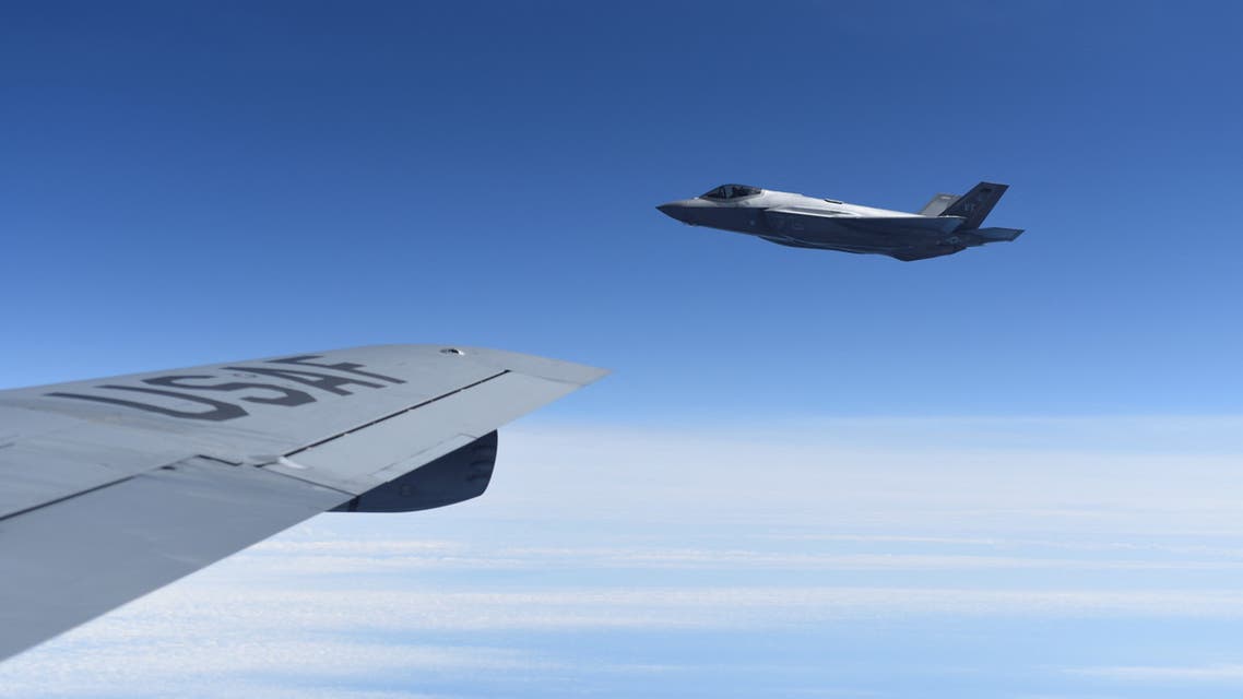 An U.S. Air Force F-35 Lightning II aircraft assigned to Vermont Air National Guard?s 158th Fighter Wing flies next to a KC-135 Stratotanker aircraft assigned to the 92nd Air Refueling Wing currently operating out of Spangdahlem Air Base, Germany, during flyovers over the Baltic Sea June 16, 2022. (Reuters)