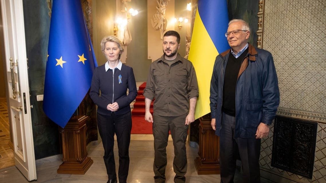 A handout photo released by Ukrainian Presidential Press Service shows European Union High Representative for Foreign Affairs and Security Policy Josep Borrell (R) Ukrainian President Volodymyr Zelensky (C) and European Commission President Ursula von der Leyen (L) posing as they attend a joint press conference in Kyiv on April 8, 2022. (AFP)