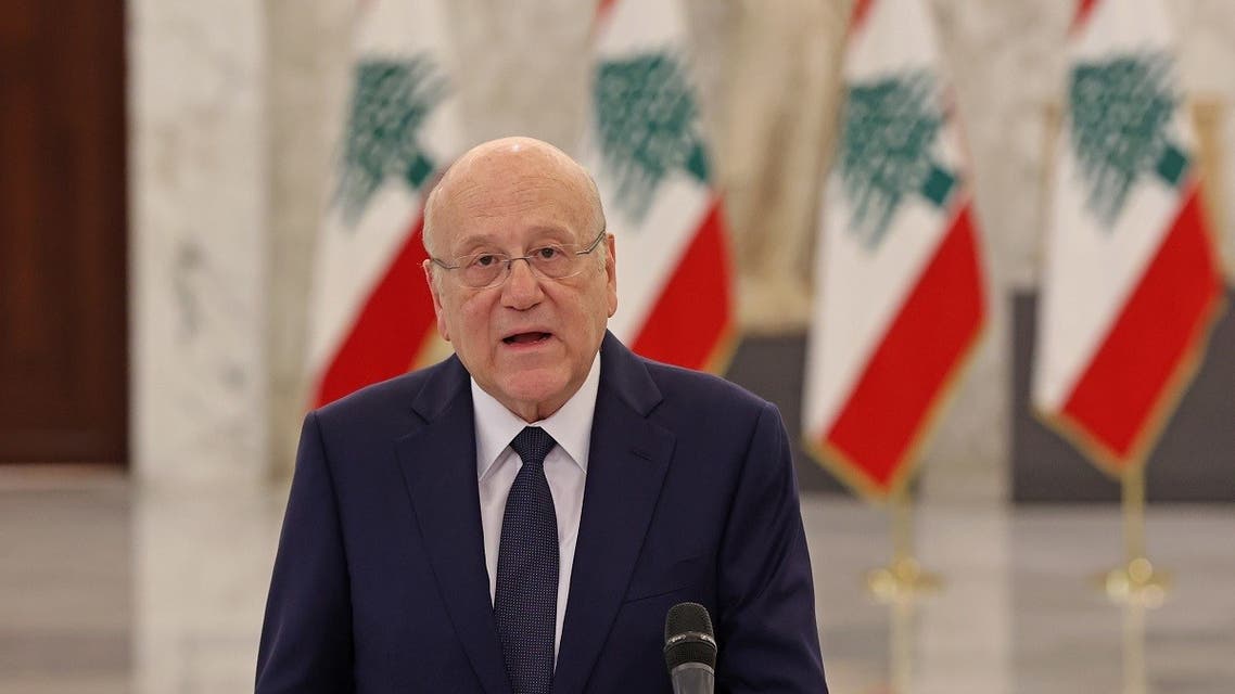 Lebanon’s Prime Minister-designate Najib Mikati speaks following his meeting with the president at the presidential palace in Baabda, east of the capital Beirut, on June 23, 2022. (AFP)