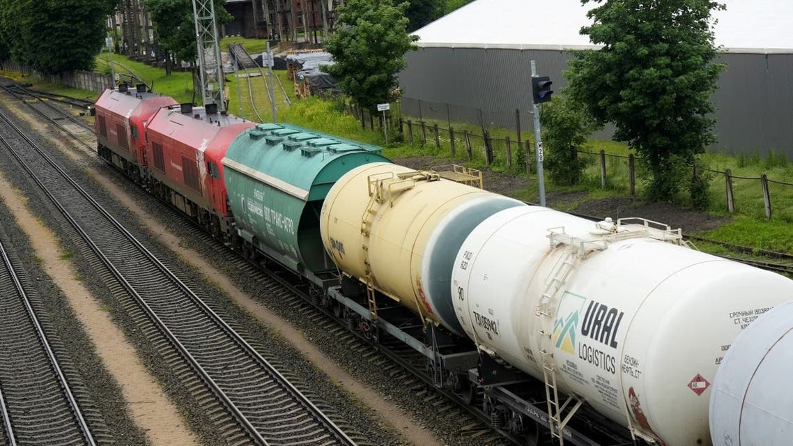 Freight train wagons from Russian enclave Kaliningrad are seen at the border railway station in Kybartai, Lithuania, on June 21, 2022. (Reuters)