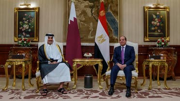  Emir of Qatar Tamim bin Hamad Al Thani is received by Egypt’s President Abdel Fattah al-Sisi in Cairo, Egypt, June 24, 2022. (Twitter/@AmiriDiwan)