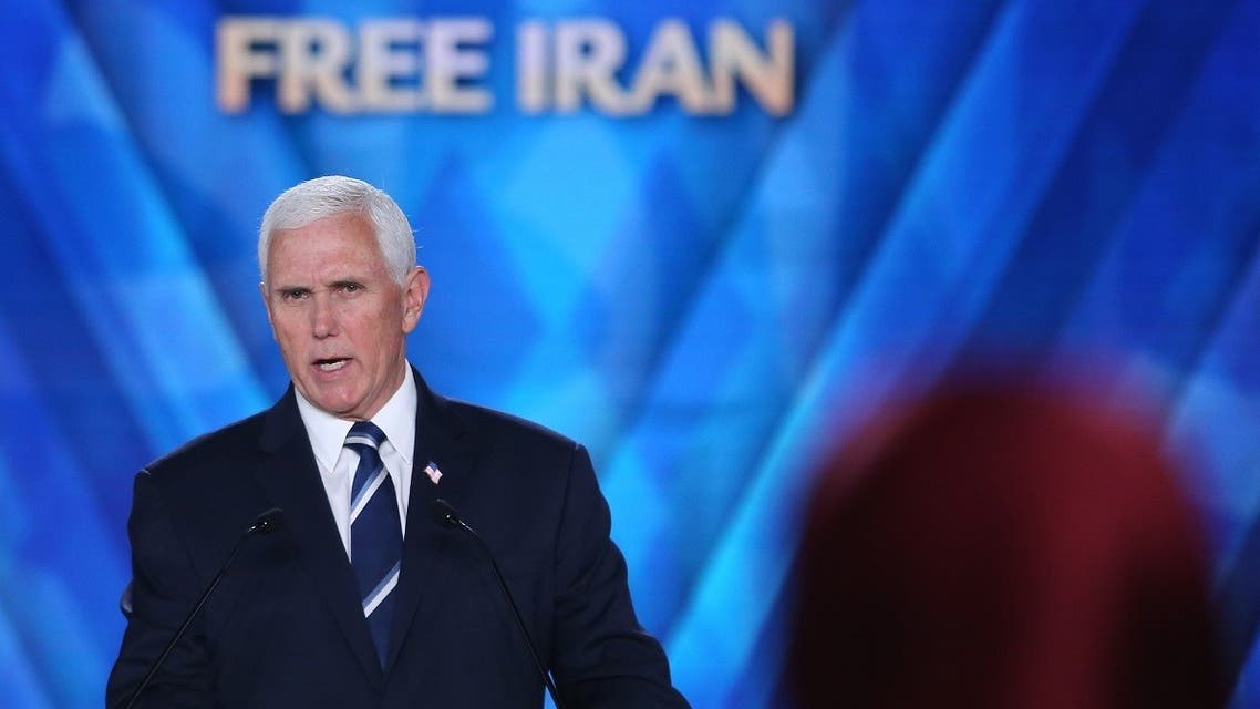 Former Vice President of the US Mike Pence addresses a speech to the People's Mojahedin Organization of Iran (MEK) in Albania, June 23, 2022. (AFP)