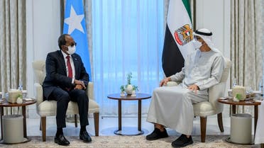 A handout image provided by the UAE Ministry of Presidential Affairs shows UAE President Sheikh Mohamed bin Zayed al-Nahyan (R) meeting with Somalia’s President Hassan Sheikh Mohamud (L) at al-Shati Palace in the capital Abu Dhabi on June 22, 2022. (AFP)