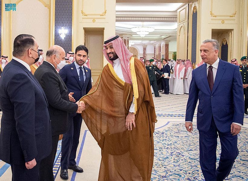 Saudi Arabia’s Crown prince Mohammed bin Salman and Prime Minister of Iraq Mustafa al-Kadhimi met in Jeddah late Saturday to discuss bilateral ties between the two countries. (SPA)