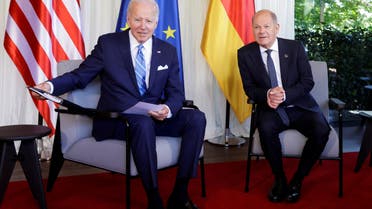 German Chancellor Olaf Scholz meets U.S. President Joe Biden on the day of G7 leaders summit at Bavaria's Schloss Elmau castle, near Garmisch-Partenkirchen, Germany June 26, 2022. (Reuters)