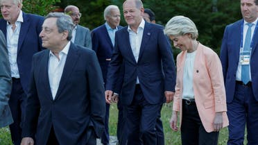 President of the European Commission Ursula von der Leyen (2nd R), German Chancellor Olaf Scholz (C) and the other heads of state make their way back after posing for an informal group photo sitting on a bench after a working dinner during the G7 Summit held at Elmau Castle, in Kruen near Garmisch-Partenkirchen, Germany June 26, 2022. (Reuters)