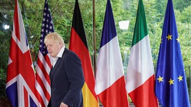 Britain’s Prime Minister Boris Johnson attends a meeting alongside the G7 leaders summit at Bavaria’s Schloss Elmau, near Garmisch-Partenkirchen, Germany, on June 28, 2022. (Reuters)              