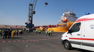 Jordanian emergency services and forensic experts inspect the site of a toxic gas explosion in the Red Sea port of Aqaba on June 28, 2022. (AFP)