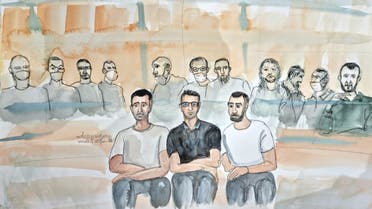 An artist's sketch shows Salah Abdeslam (R), one of the accused, who is widely-believed to be the only surviving member of the group suspected of carrying out the attacks, and the other accused during the verdict in the trial of the Paris' November 2015 attacks at the Paris courthouse on the Ile de la Cite in Paris, France, June 29, 2022. (Reuters)