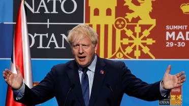 British Prime Minister Boris Johnson speaks at a news conference during a NATO summit in Madrid, Spain, on June 30, 2022. (Reuters)