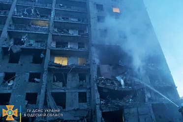   Destruction from the Russian bombing of a residential building near Odessa
