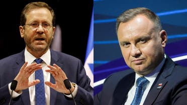 File photos of Israel’s President Isaac Herzog  (left) and Poland’s President Andrzej Duda (right). (Reuters)