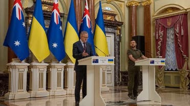 President Volodymyr Zelenskyy of Ukraine, right, with the Australian prime minister, Anthony Albanese, during a press conference, in Kyiv, Ukraine, on July 3, 2022. (Associated Press)