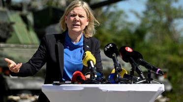 Sweden’s PM Magdalena Andersson speaks during a press conference after her visit to the Gotland’s regiment P18 of the Swedish Armed Forces, in Visby, Sweden, July 3, 2022. (Henrik Montgomery/TT News Agency/via Reuters)