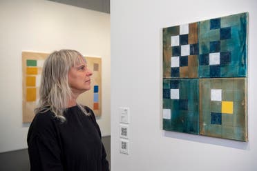 Jill Magi with ‘The Weft in Pencil, Blue Version’ (Acrylic, watercolor, graphite, cotton canvas;25.5 x 30.5 cm; 2021). (Courtesy: Warehouse421)