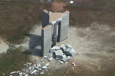 Rubble is cast around the Georgia Guidestones after an explosion in Elberton, Georgia, US, on July 6, 202,2 in a still image from video. (Reuters)