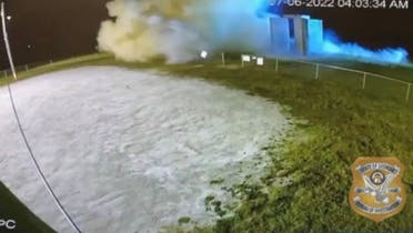 Smoke rises after an explosion that destroyed Georgia Guidestones in Elberton, Georgia, US, July 6, 2022 in this screengrab taken from a handout video. (Reuters)
