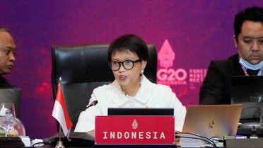 Indonesia’s Foreign Minister Retno Marsudi (C) speaks during a meeting at the G20 Foreign Ministers’ Meeting in Nusa Dua on the Indonesian resort island of Bali on July 8, 2022. (AFP)