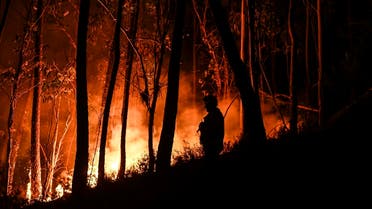 A silhouette of a firefighter standing in the forest is pictured during a wildfire at Casais do Vento in Alvaiazere on July 10, 2022. (AFP)