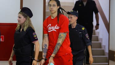 U.S. basketball player Brittney Griner, who was detained in March at Moscow's Sheremetyevo airport and later charged with illegal possession of cannabis, is escorted before a court hearing in Khimki, outside Moscow, Russia July 7, 2022. REUTERS/Evgenia Novozhenina