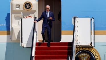 US President Joe Biden descends from Air Force One as he lands for a four-day visit, at Ben Gurion International Airport in Lod near Tel Aviv, Israel, July 13, 2022. (Reuters)