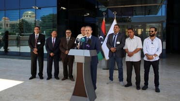 Farhat Bengdara, newly appointed as chairman of the Libyan state National Oil Corporation (NOC), speaks during a news conference in Tripoli, Libya, on July 14, 2022. (Reuters)