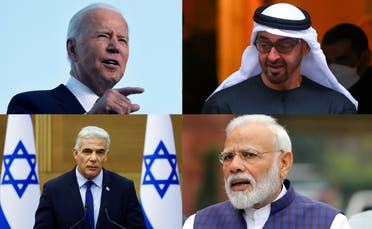 File photos of US President Joe Biden (top left), UAE President Sheikh Mohamed bin Zayed (top right), Israeli prime Minister Yair Lapid (bottom left), and Indian Prime Minister Narendra Modi (bottom right). (Reuters)