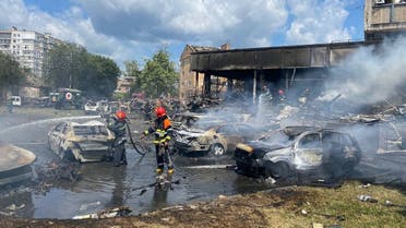 Firefighters work at the site of a Russian military strike, as Russia’s attack on Ukraine continues, in Vinnytsia, Ukraine, on July 14, 2022. (Reuters)