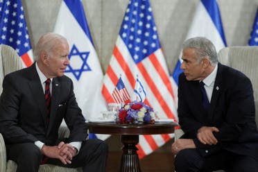 US President Joe Biden and Israeli Prime Minister Yair Lapid participate in a bilateral meeting, in Jerusalem, July 14, 2022. (Reuters)