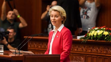 European Commission President Ursula Von der Leyen addresses the Parliament during a visit in Skopje, on July 14, 2022. (AFP)