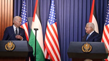 This handout picture provided by the Palestinian Authority’s press office (PPO) shows (L to R) US President Joe Biden and Palestinian President Mahmoud Abbas delivering their statements to the media at the Muqataa Presidential Compound in the city of Bethlehem in the occupied West Bank on July 15, 2022. (AFP)