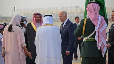 US President Joe Biden is welcomed at the King Abdulaziz International Airport in the Saudi coastal city of Jeddah, upon his arrival from Israel, on July 15, 2022. (AFP)