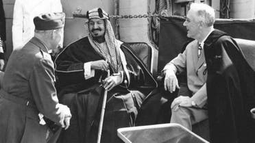 In this February 14, 1945 file photo, Saudi Arabia's King Abdulaziz and US President Franklin D. Roosevelt, right, discuss Saudi-US relations aboard the USS Quincy in the Great Bitter Lake north of the city of Suez, Egypt. (AP)